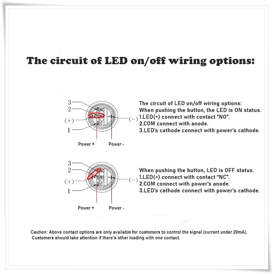 Single LED on/off wiring options:
Function: Use the contact of switches to control LED’s on/off.